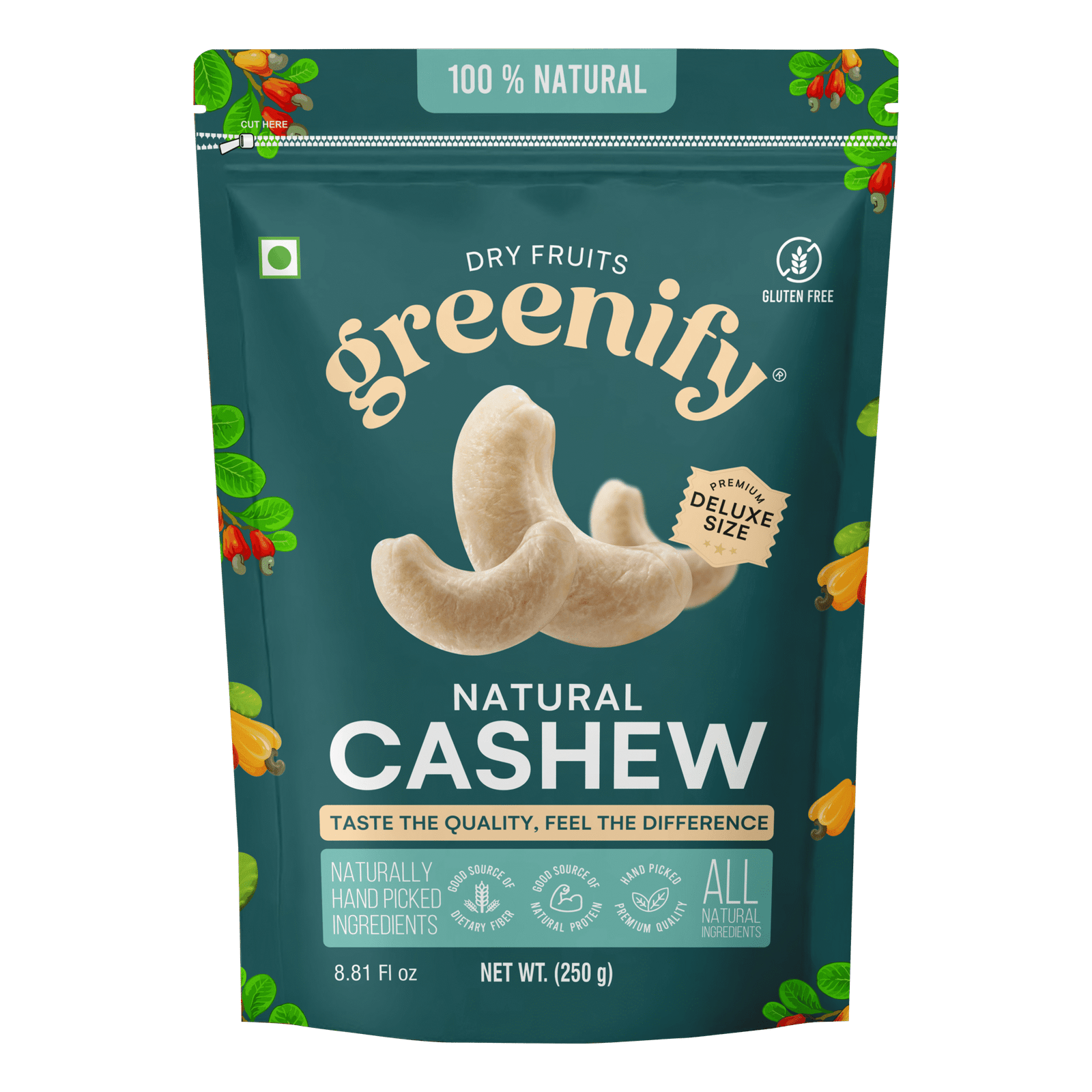 Greenify W210 jumbo cashew kernels 250 g zip-lock pouch